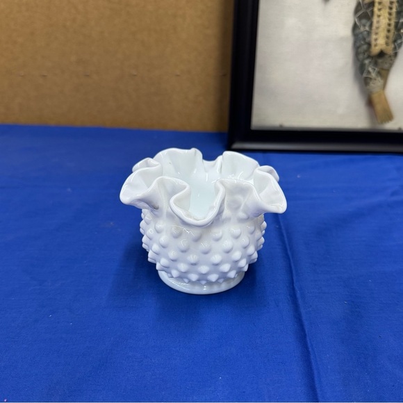 Hobnail White Milk Glass Small Rose Vase with Crimped Ruffled Edge - Picture 1 of 9